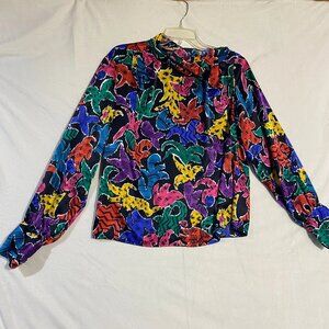 Vintage Michelle Stuart Petite Blouse Top Womens 12 Multicolor Abstract Floral